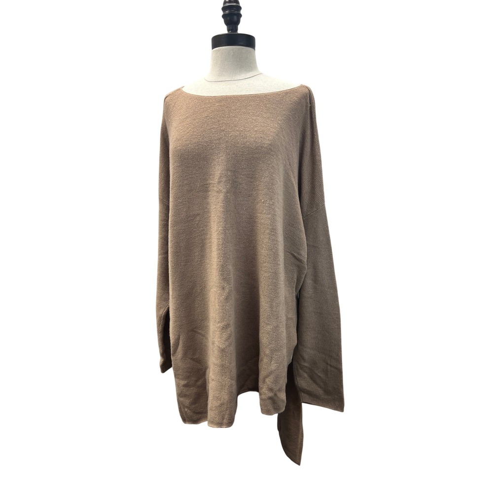 Eileen Fisher Sweater Womens 3X Tan Excellent Merino Wool Boat Neck Side Slit